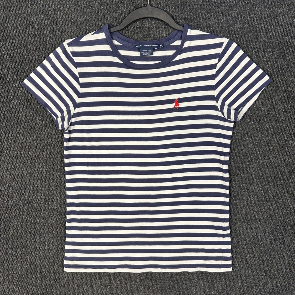 Ralph Lauren Sport T-Shirt Womens Medium Blue White Striped Pima Cotton Red Pony